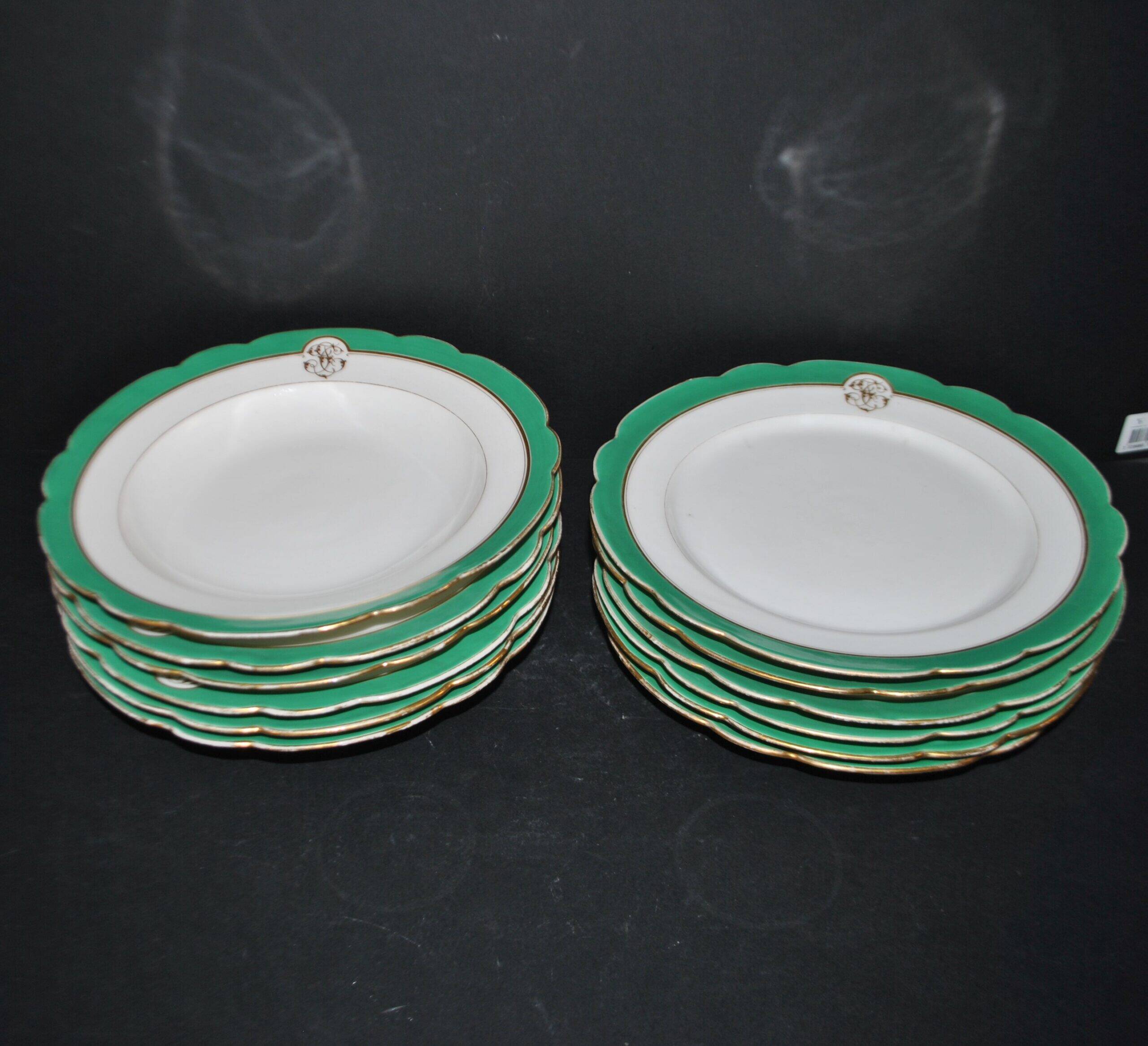 Paris porcelain set of 6 flat plates and 6 deep plates with JC gold monogram.