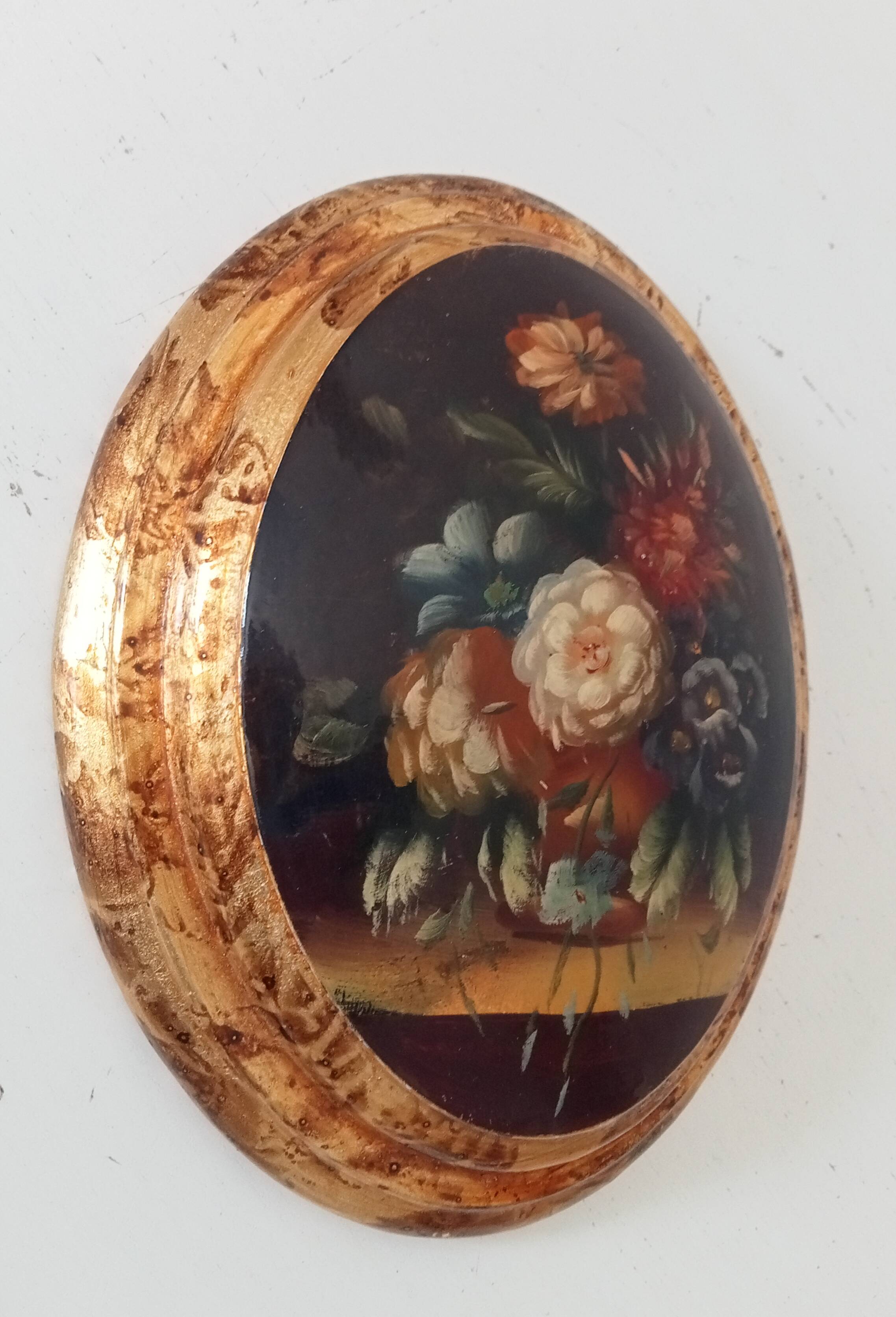 Curved frame still life lithograph on wood