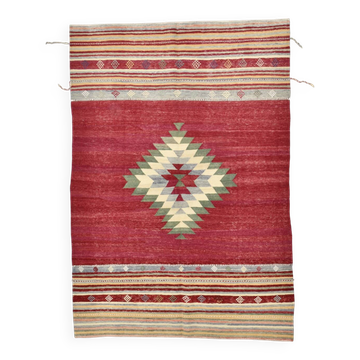 Wine Red & Green Turkish Kilim Rug, 156x224Cm