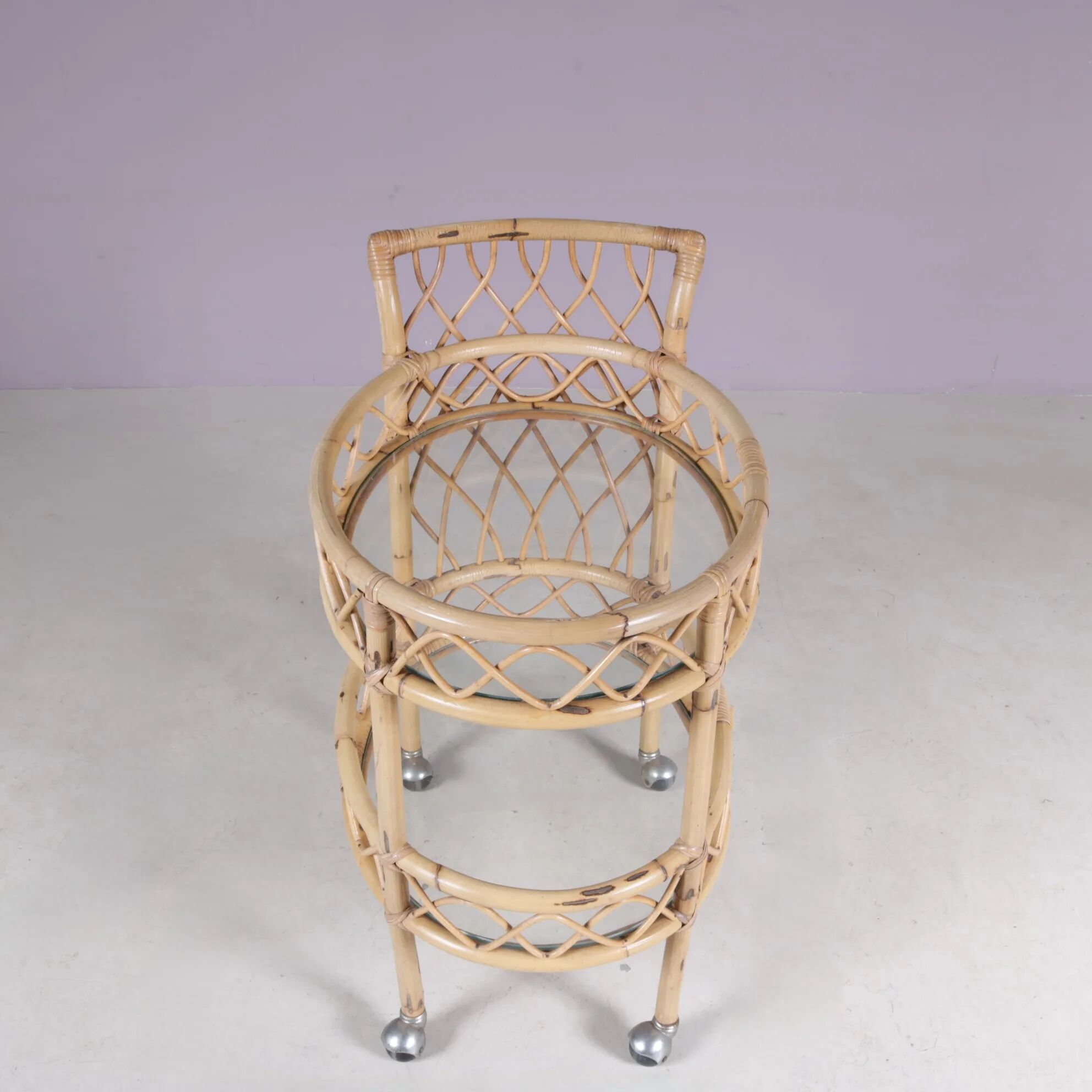 1950s bamboo trolley with two glass tops Italy