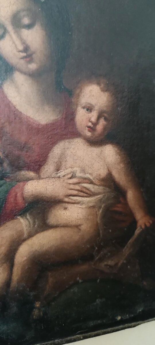Old painting, oil on canvas, Virgin with Child