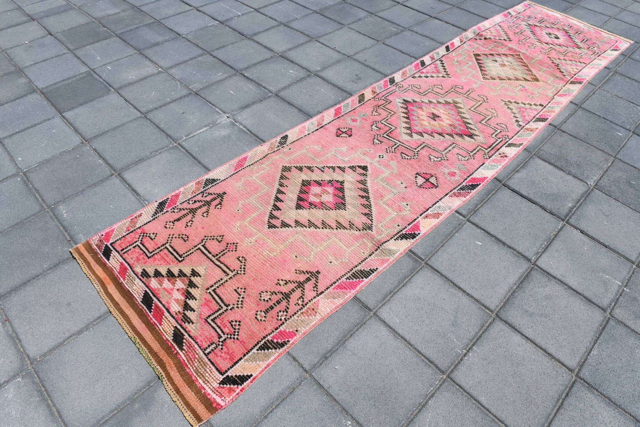 Tapis Couloir Rose à Médaillons, Tapis Turc Vintage, 86x364 Cm