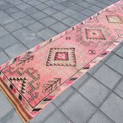 Tapis Couloir Rose à Médaillons, Tapis Turc Vintage, 86x364 Cm