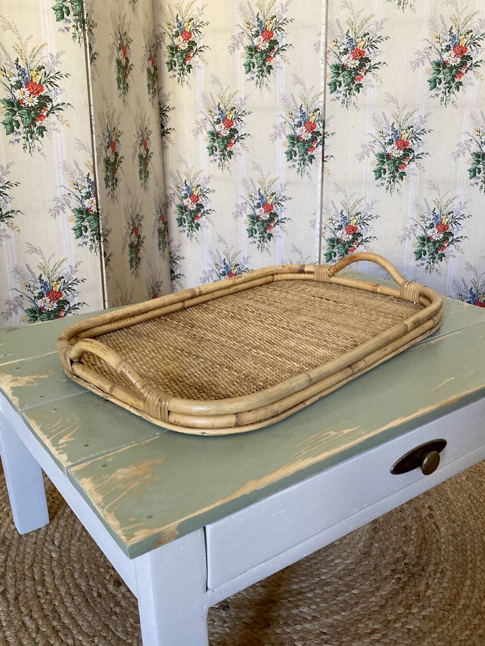 Vintage service tray in bamboo and rattan
