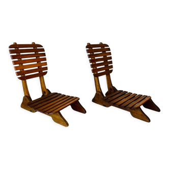 Pair of vintage folding chairs with slats, 1950-1960