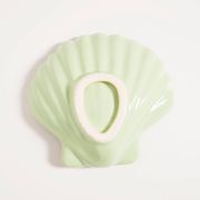 Vintage decorative plate in wood and ceramic with green shells, France, 1960s.