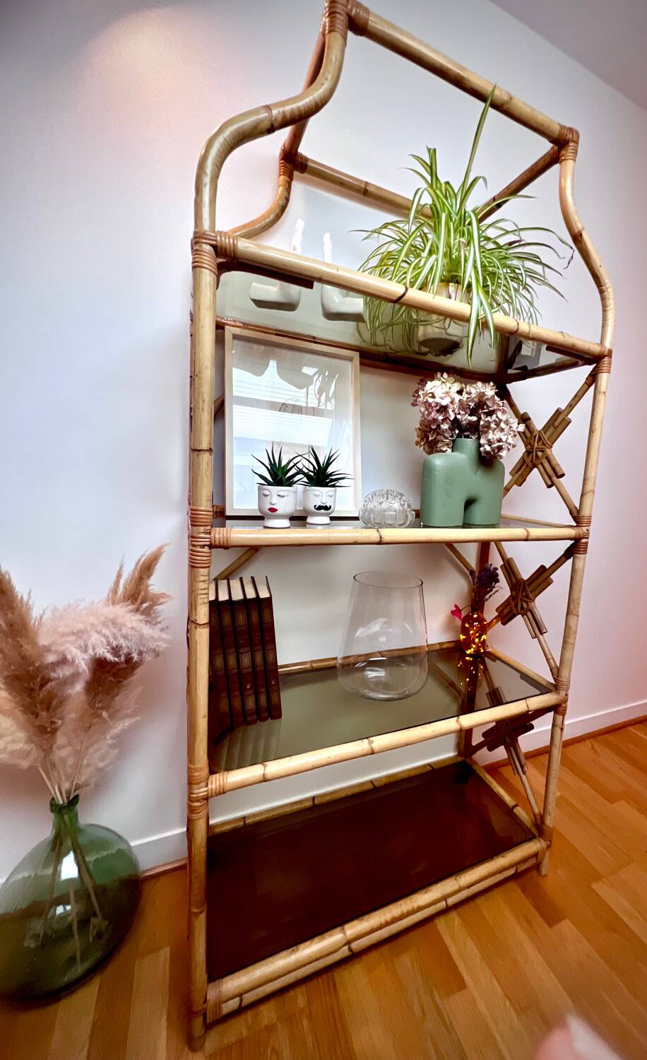 Rattan and glass shelf