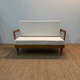 1950s restored oak bench with asymmetrical legs