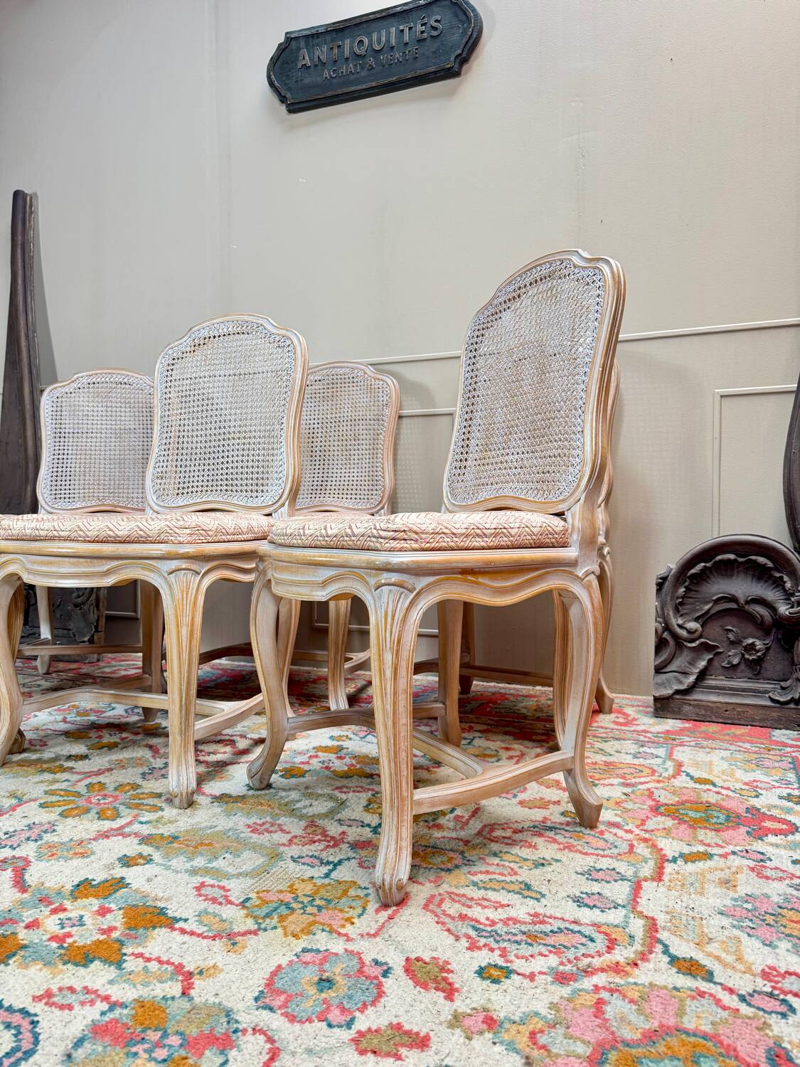 Set of six Louis XV style lacquered wood caned chairs