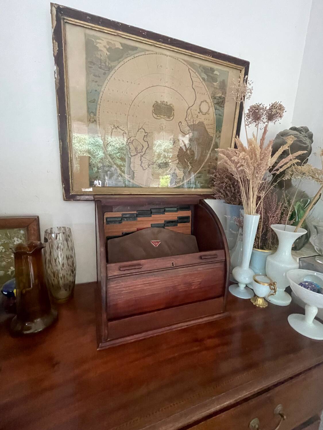 Old Flambo wooden curtain filing cabinet for desk