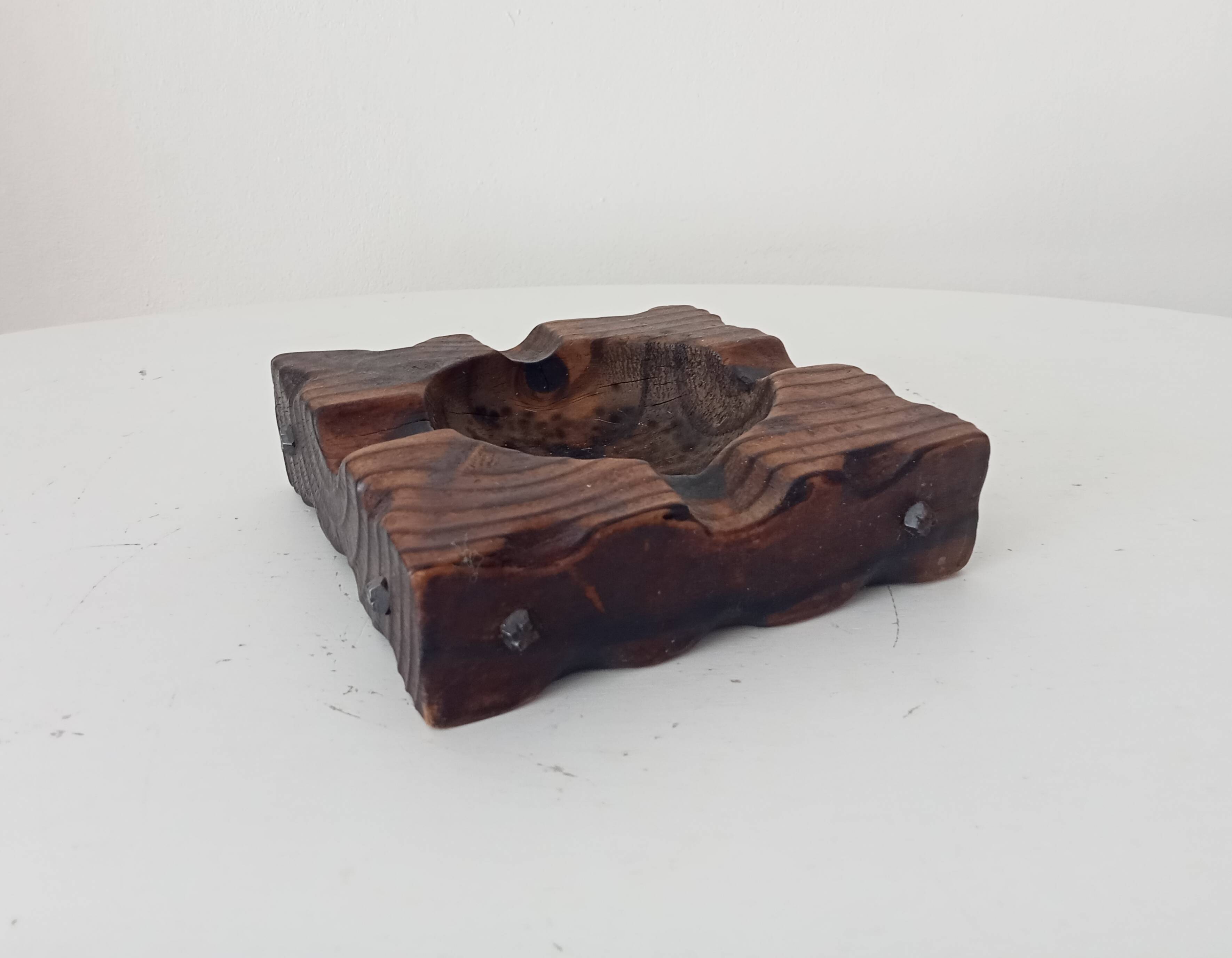 Brutalist vintage ashtray from the 1960s, carved wood.