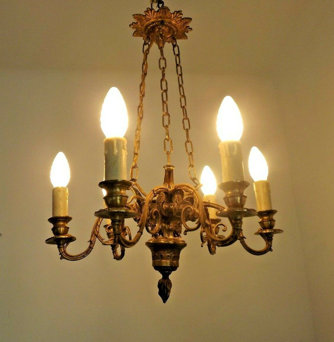 French victorian brass 6 light cherub chandelier with floral decoration