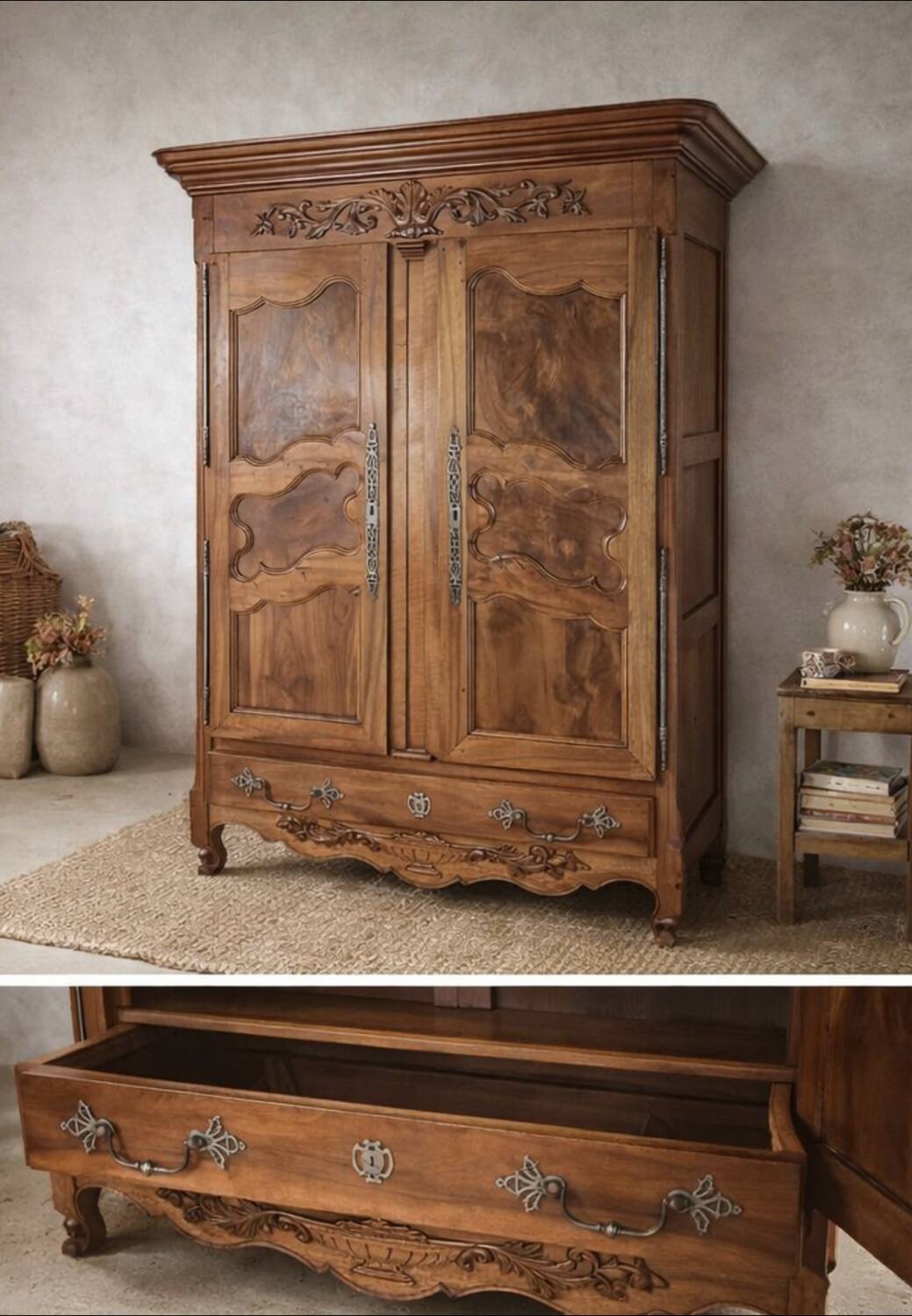 Large carved antique wardrobe – solid wood – country style / farmhouse