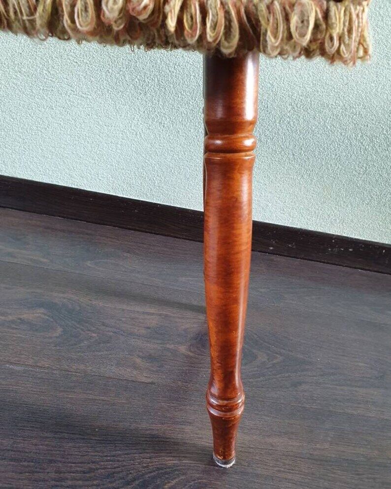 Wooden footrest with fringed fabric upholstery, 1970