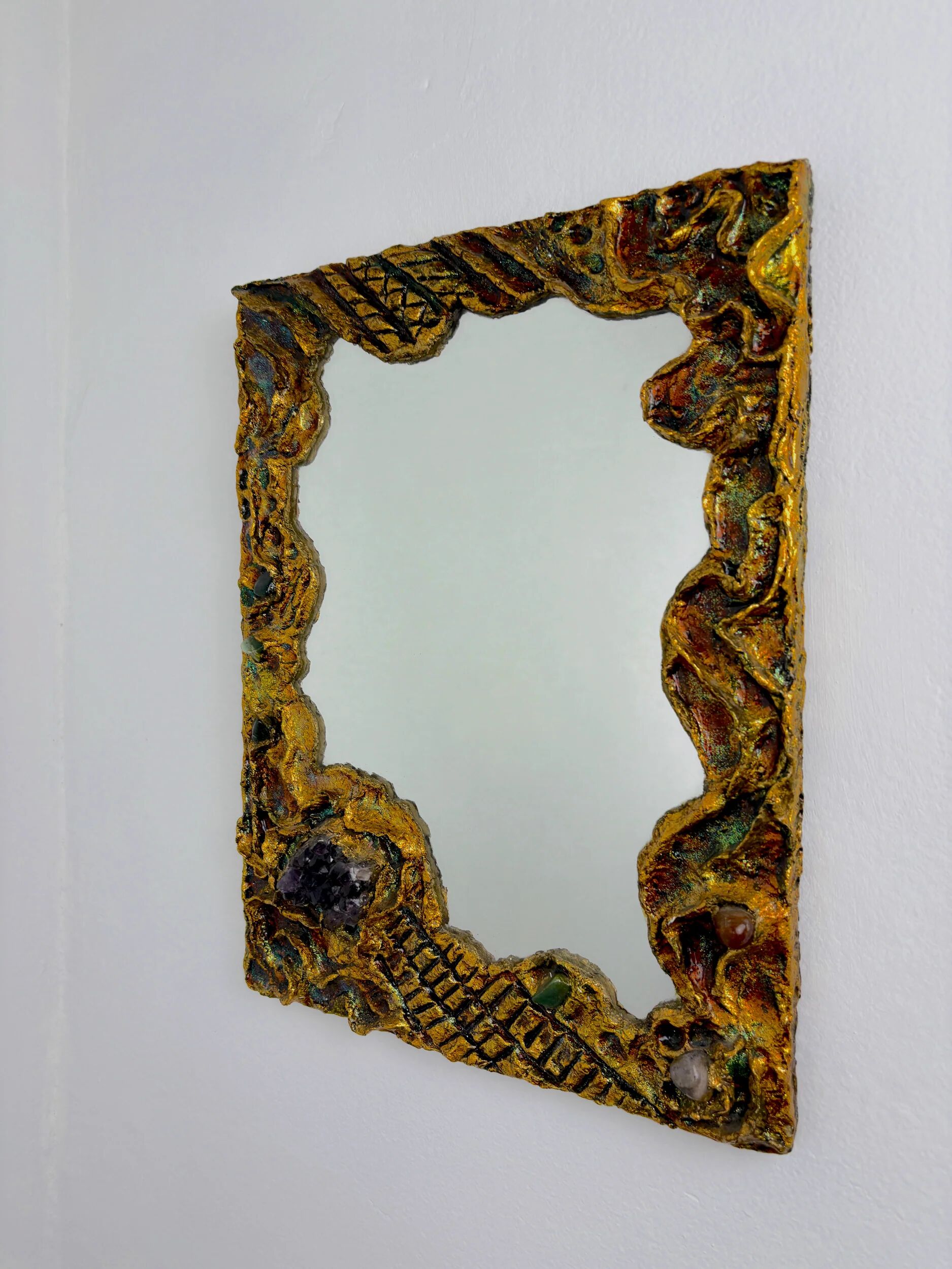 Italian brutalist resin and stones mirror, 1970s
