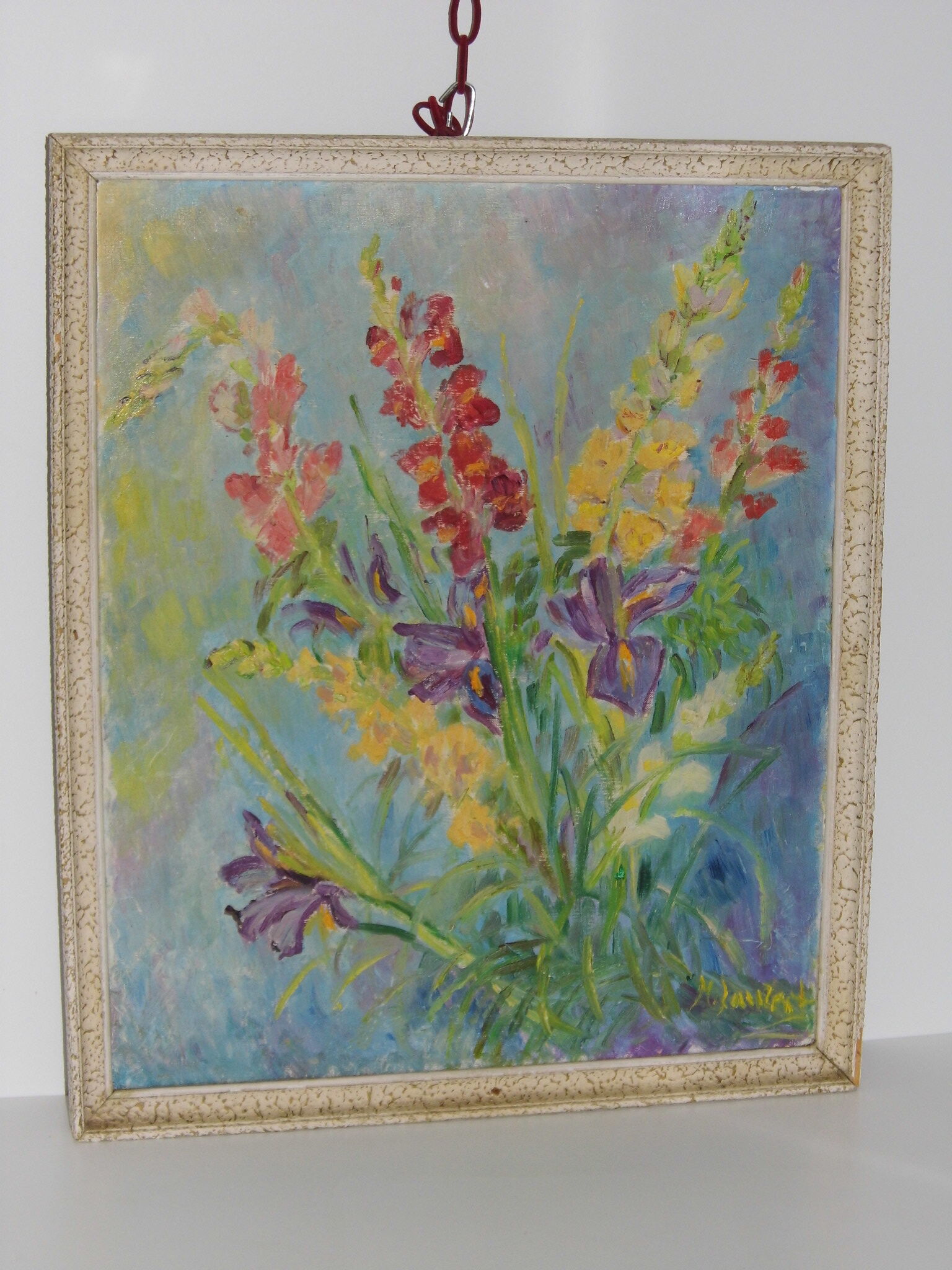 Tableau ancien bouquet floral 1950 signé M.Laurent  iris glaïeuls  très belle état huile sur toile