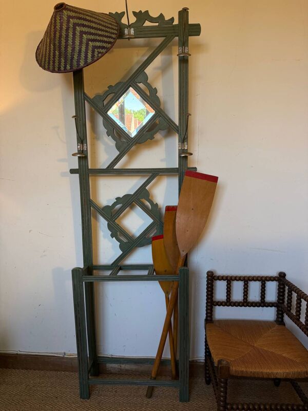 Porte manteau vestiaire art déco en bois patiné vert