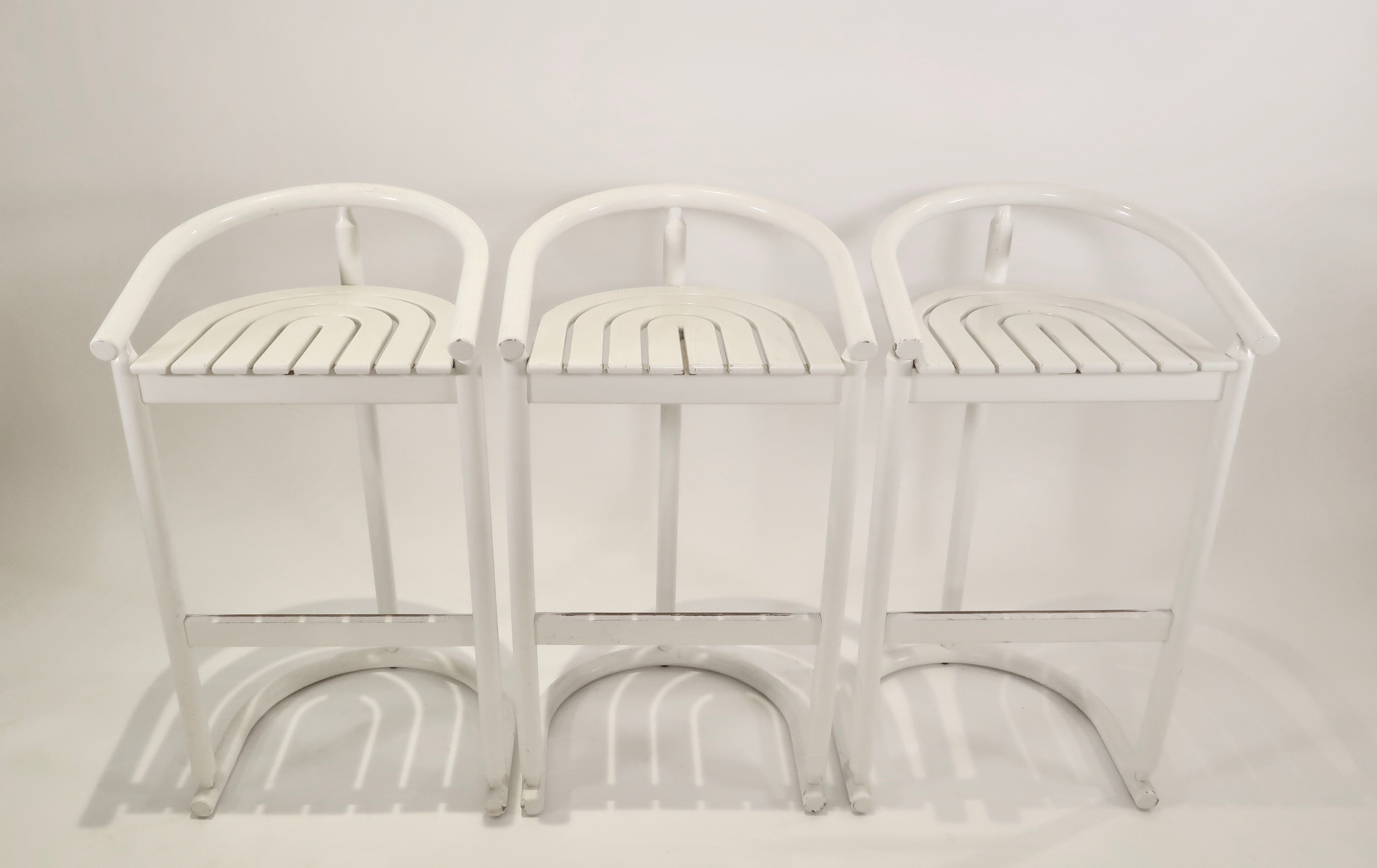Series of 3 wooden high stools, Italy 1970