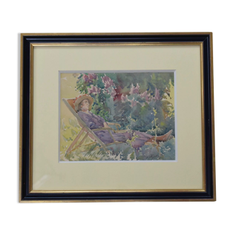 Watercolor Signed Emile Rondinet, woman resting in a Framed Garden
