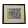 Watercolor Signed Emile Rondinet, woman resting in a Framed Garden