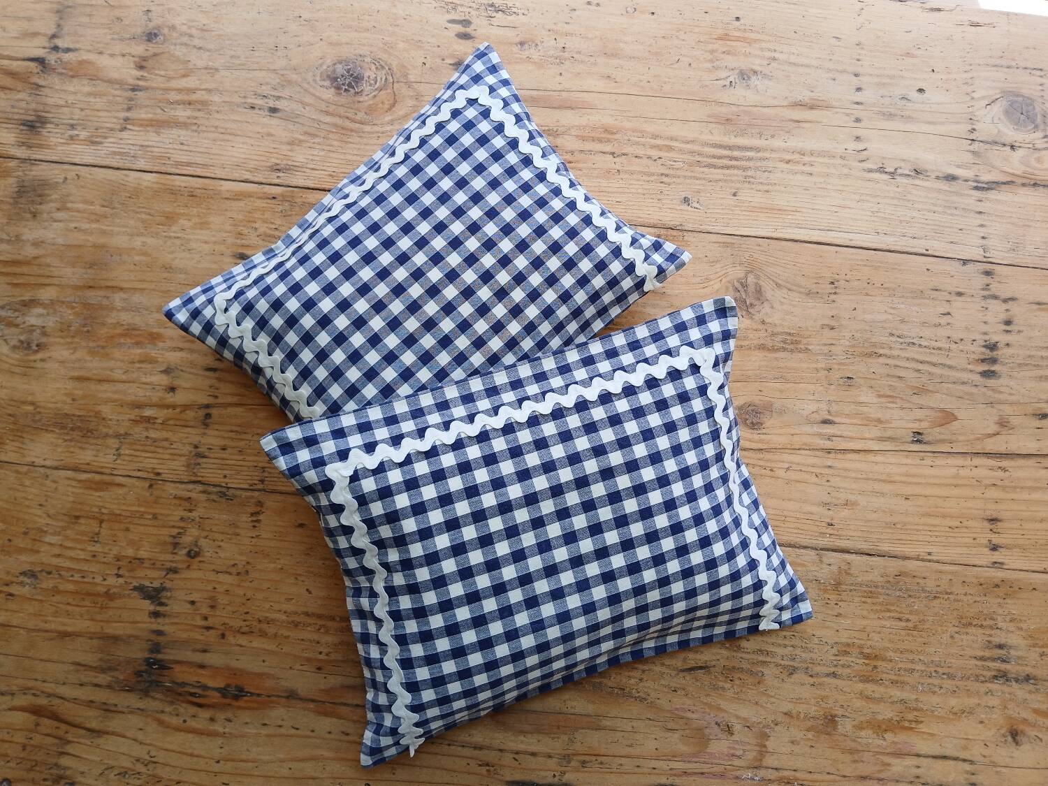 Set of 2 vintage cushions, blue gingham