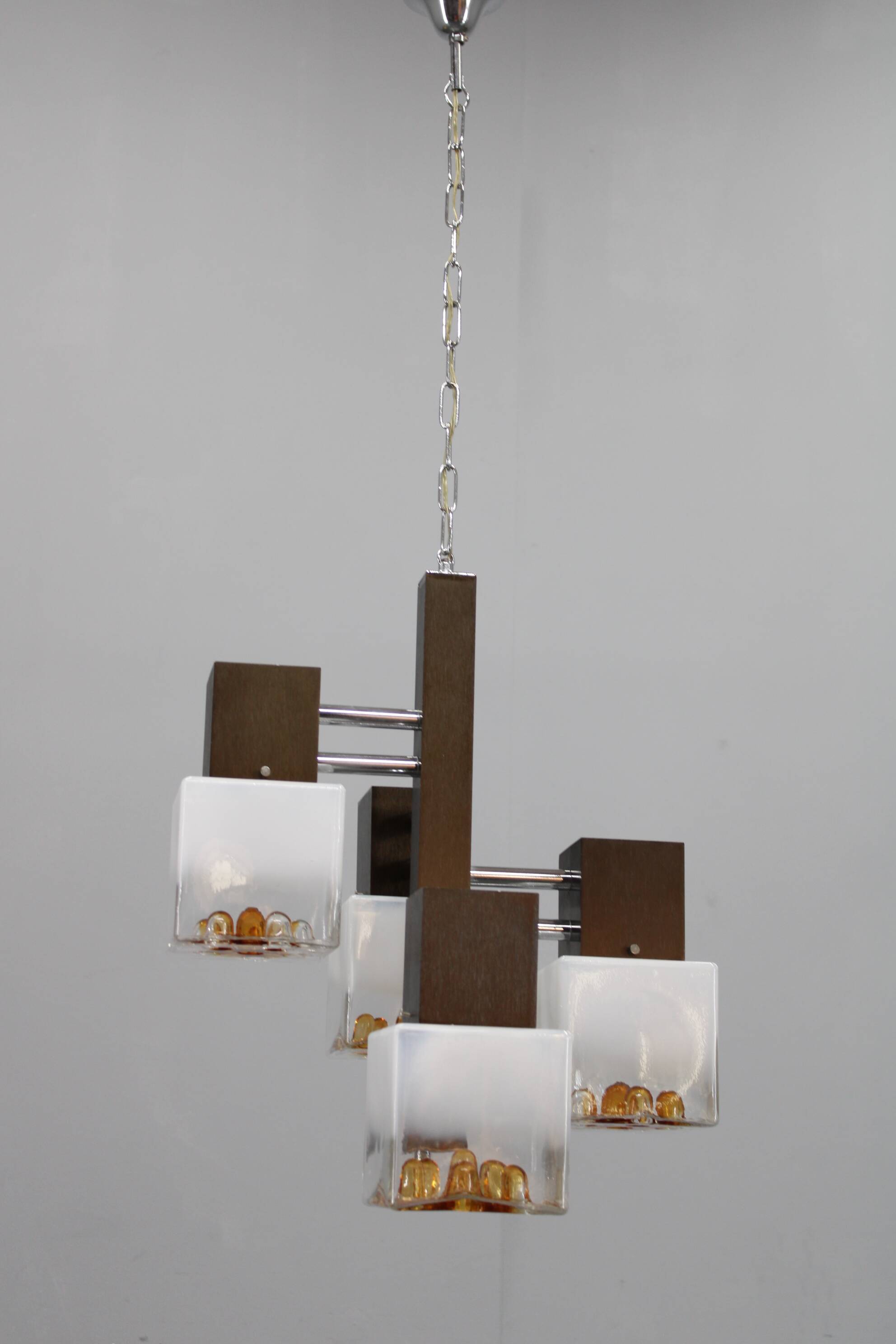 1970s Italian chandelier with Murano glass shades and anodized metal frame