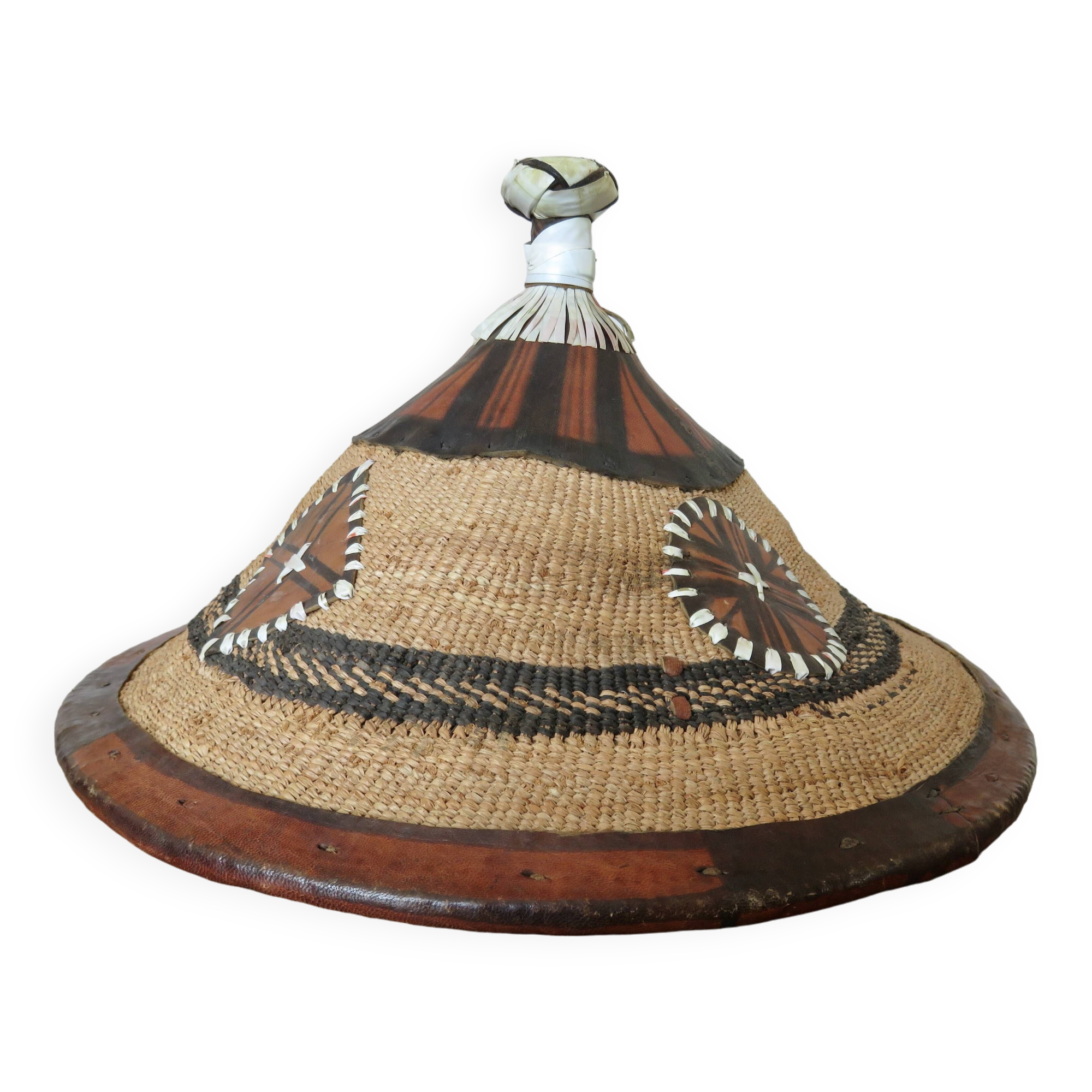African conical hat, Fulani, in leather and braided rope, 1900, wall decoration