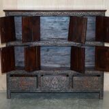 Antique polychrome Tibetan altar cabinet with deer and flowers.