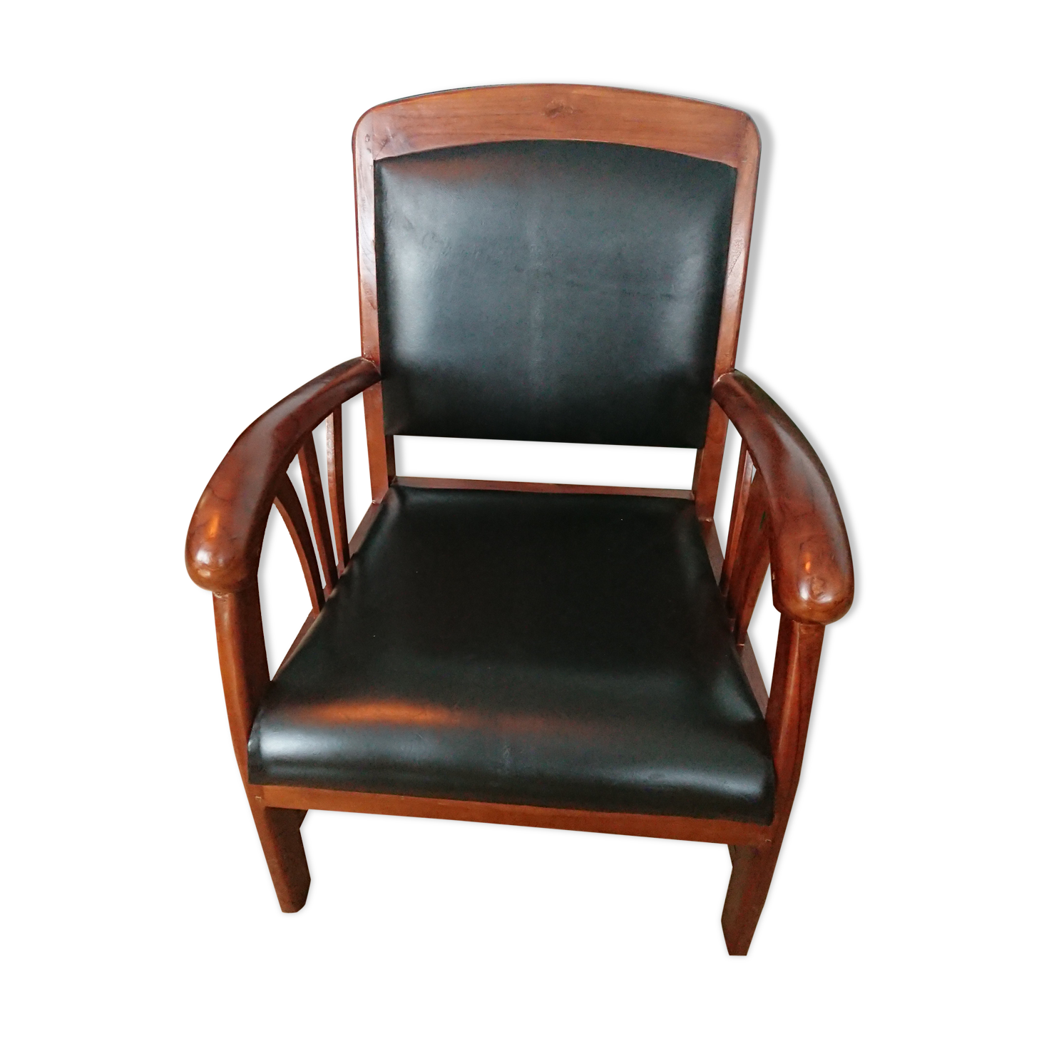 Colonial chair in teak and black leather