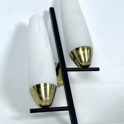 Mid-Century pair of double lights sconces in brass and opaline glass. Italy 1950s