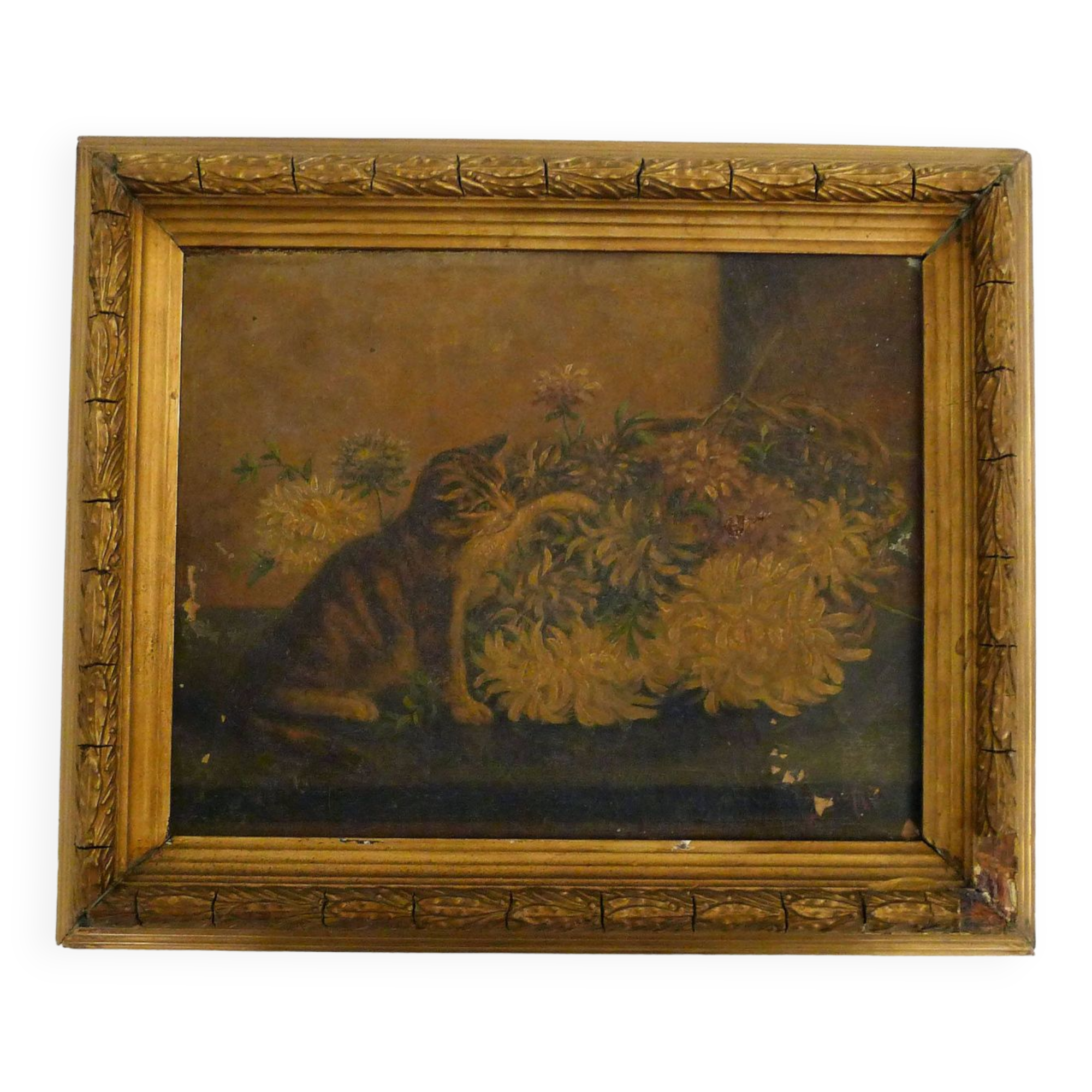 Old painting Cat & flowers