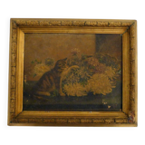 Old painting Cat & flowers