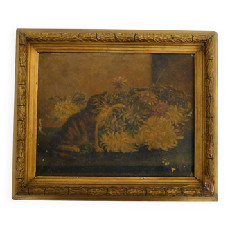 Old painting Cat & flowers