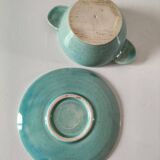 Earthenware bowl and saucer in glazed water green ceramic.