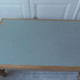 Coffee table made from a desk of the 40s, tray and green shelf