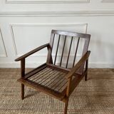 Scandinavian style armchair in wood and ecru fabric, 1950-1960