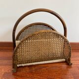 Magazine rack in curved wood, fabric and canework