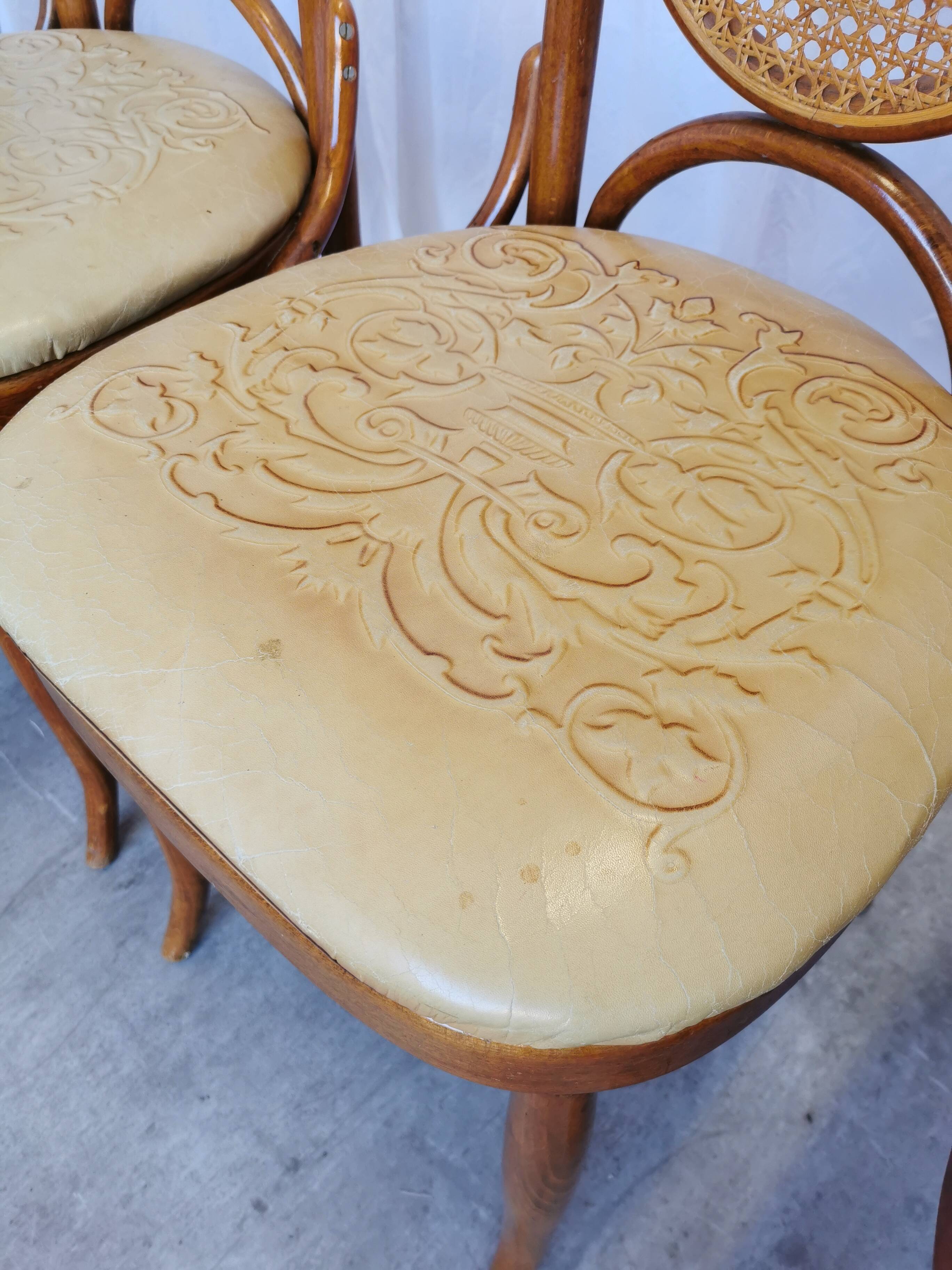 Set of 4 Vintage Bentwood Dining Chairs: Cane Back, Leather Seat, Thonet St