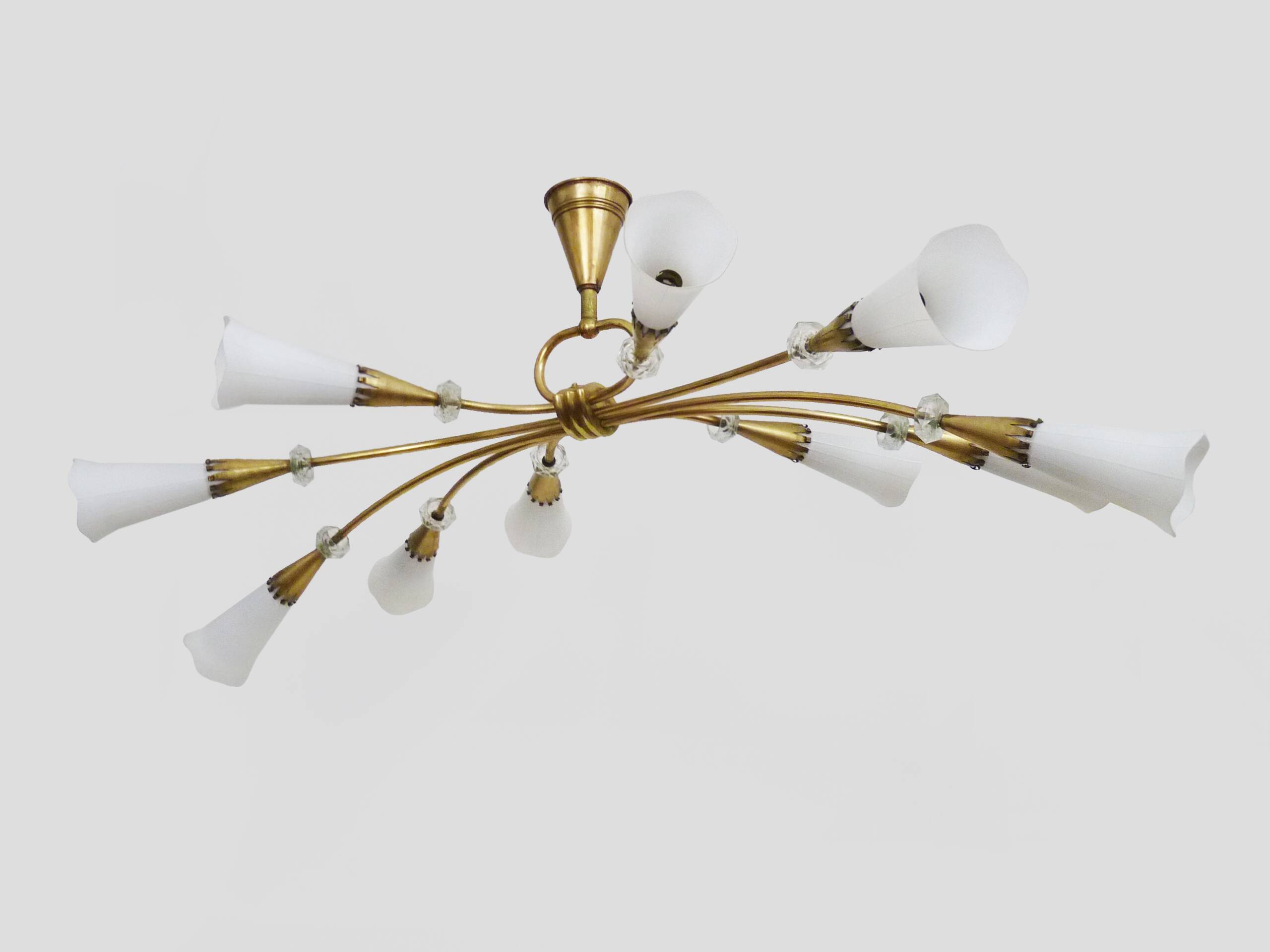 Modernist chandelier with 10 brass branches and white glass tubes, 1970s