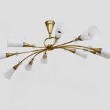 Modernist chandelier with 10 brass branches and white glass tubes, 1970s