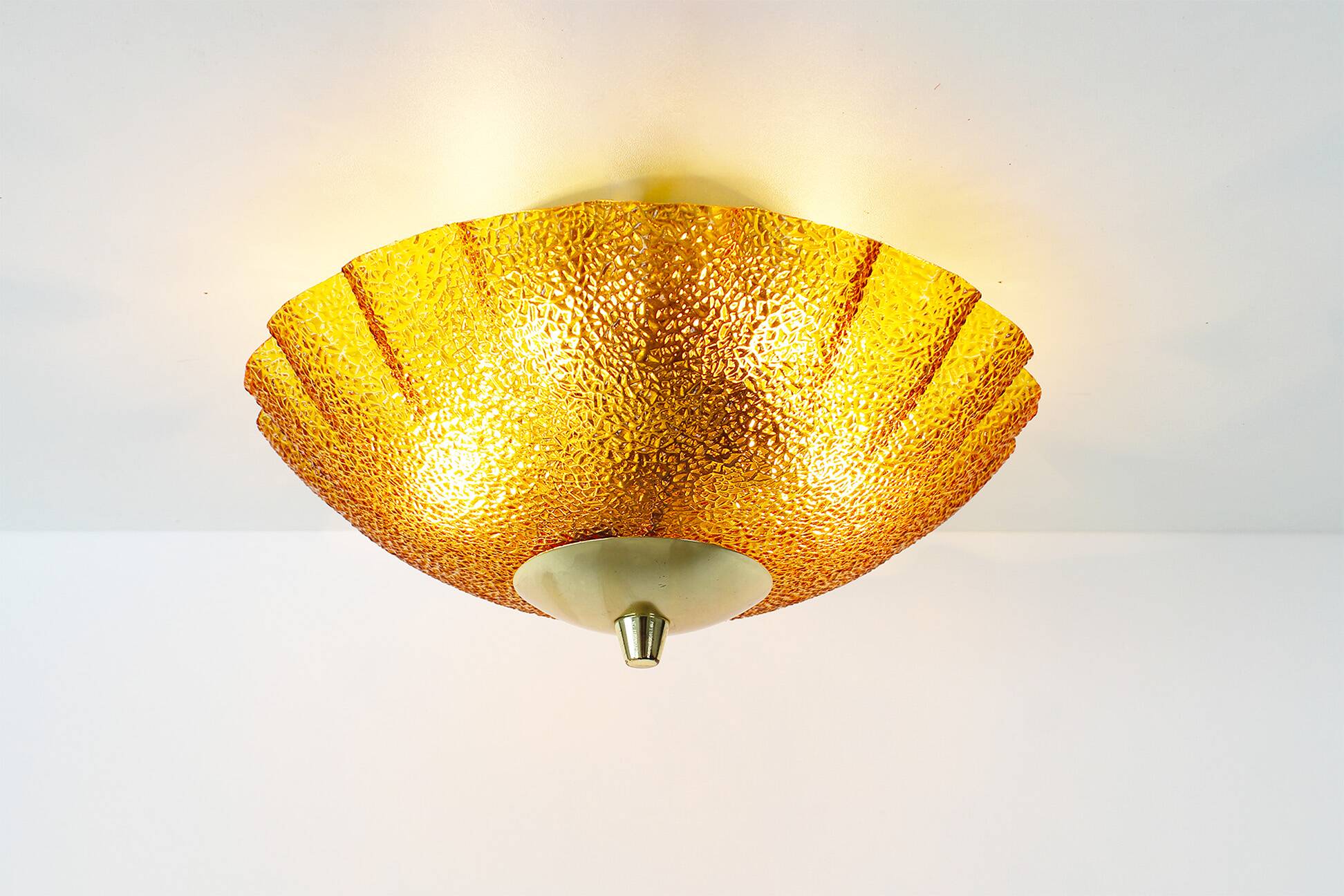 Vintage 1970's Brass and amber glass ceiling flush mount light, Germany