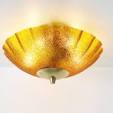 Vintage 1970's Brass and amber glass ceiling flush mount light, Germany