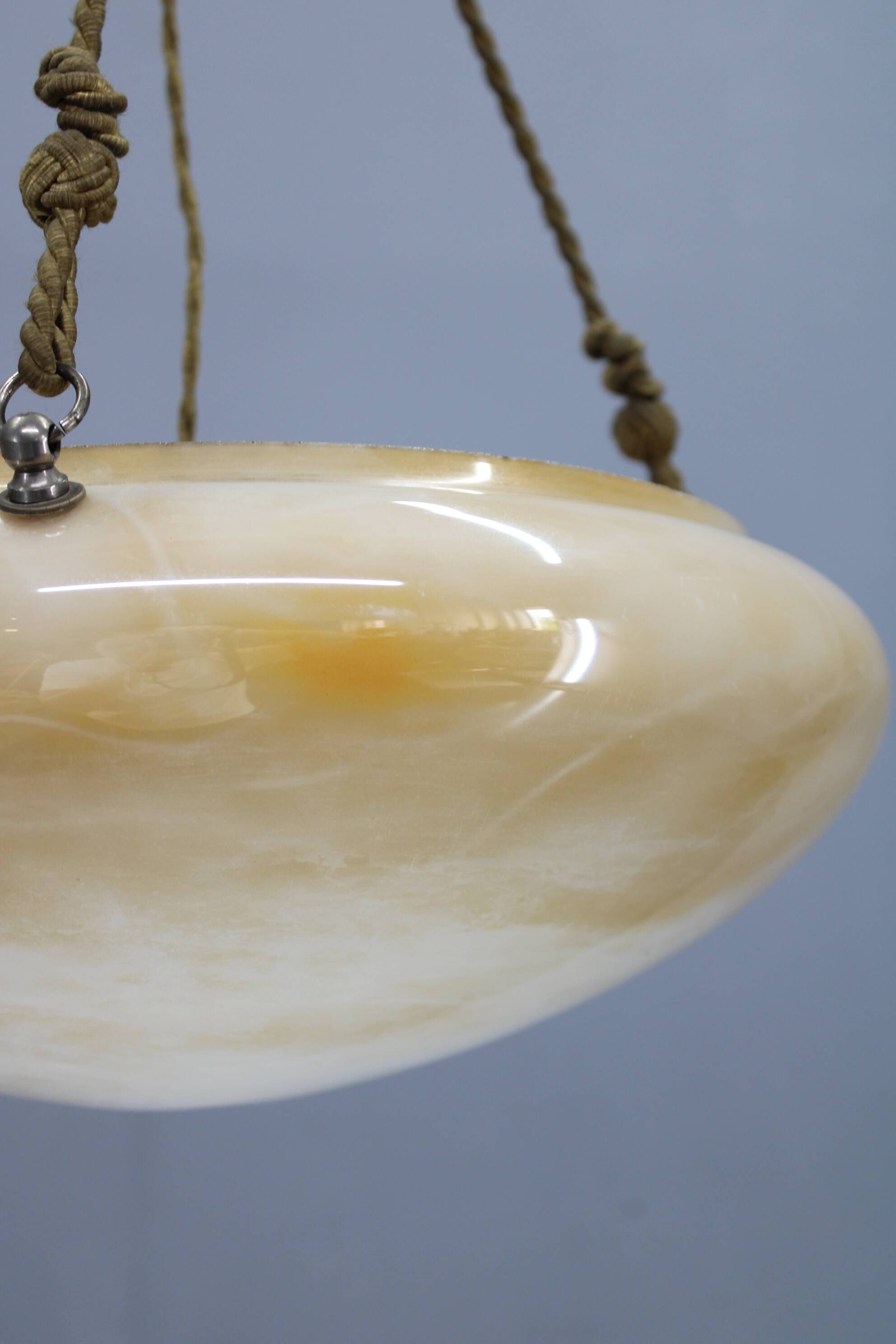 1930s European Secession–Art Deco pendant light with rope suspension and glass