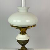 Kerosene lamp of patinated brass with shade of white opaline glass, 1860