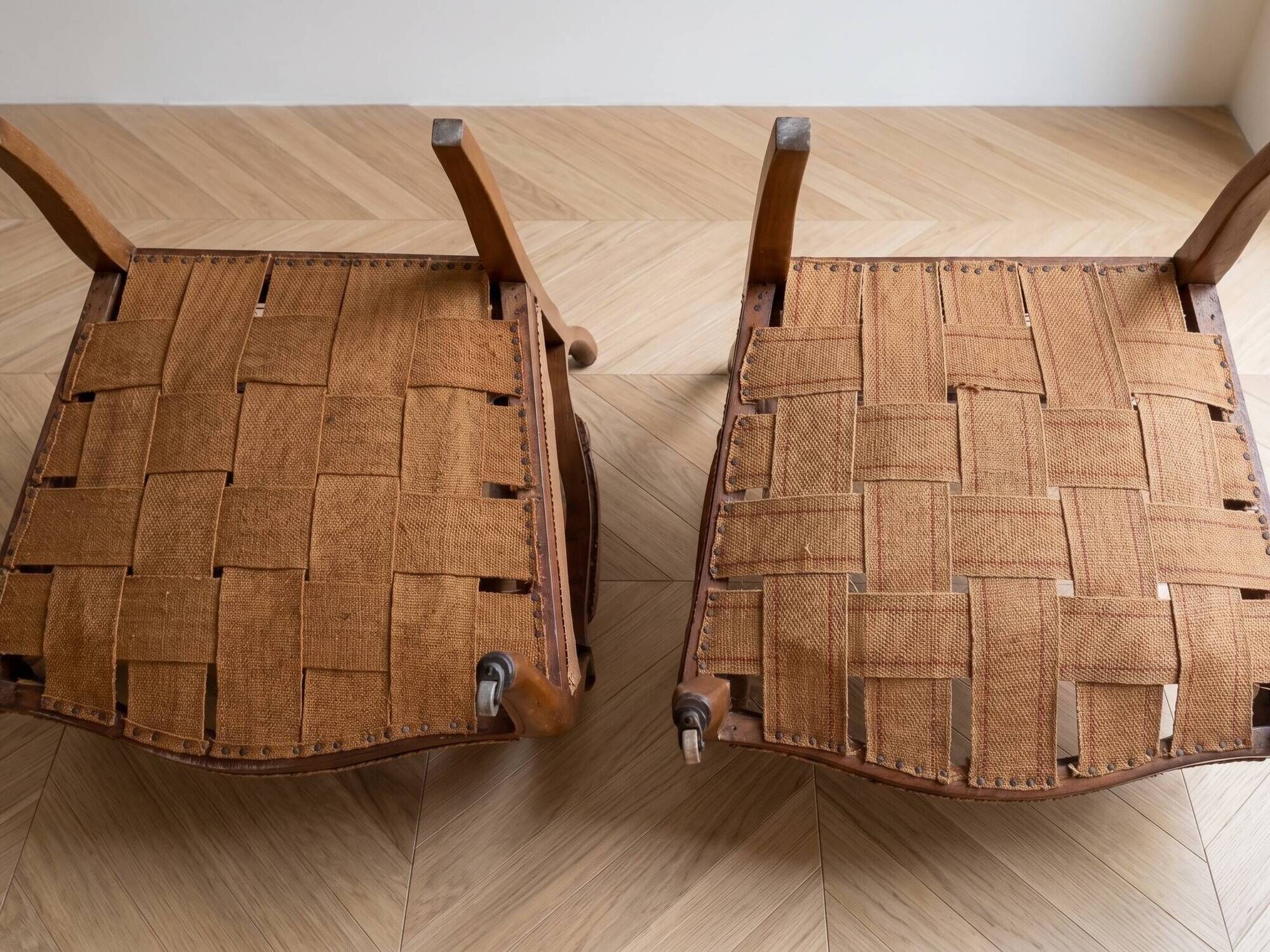 Pair of cabriolet armchairs in Louis XV style in light walnut.