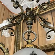 19th century brass and bronze chandelier, Napoleon III, illuminated by 6 tulips and a central globe
