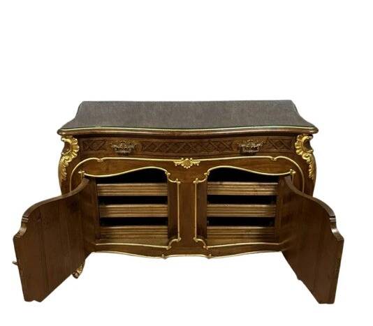 Louis XV style chest of drawers with curved Venetian doors in mahogany and gilded wood