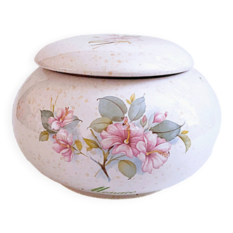 Grosse boîte bonbonnière ronde faïence rose mouchetée décor floral MONACO