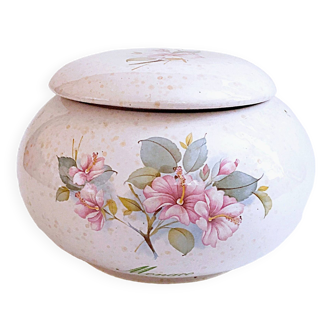 Large round candy box pink speckled earthenware floral decoration MONACO