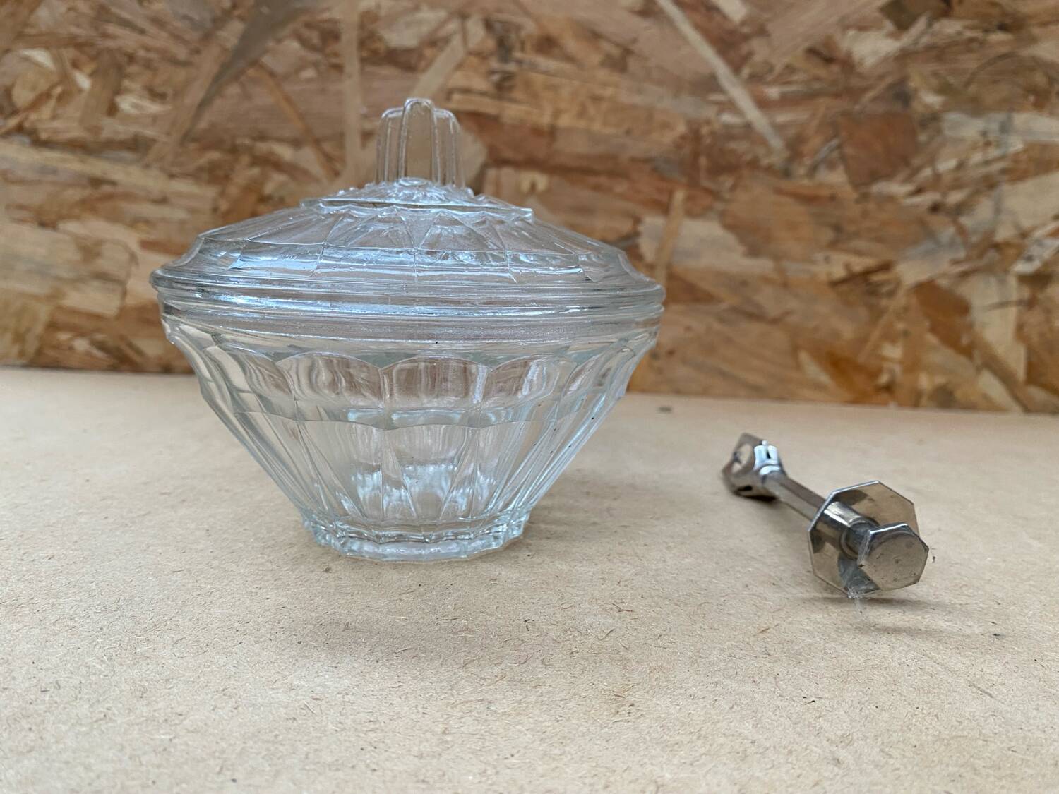 Old Molded Glass Candy Box + Sugar Tongs
